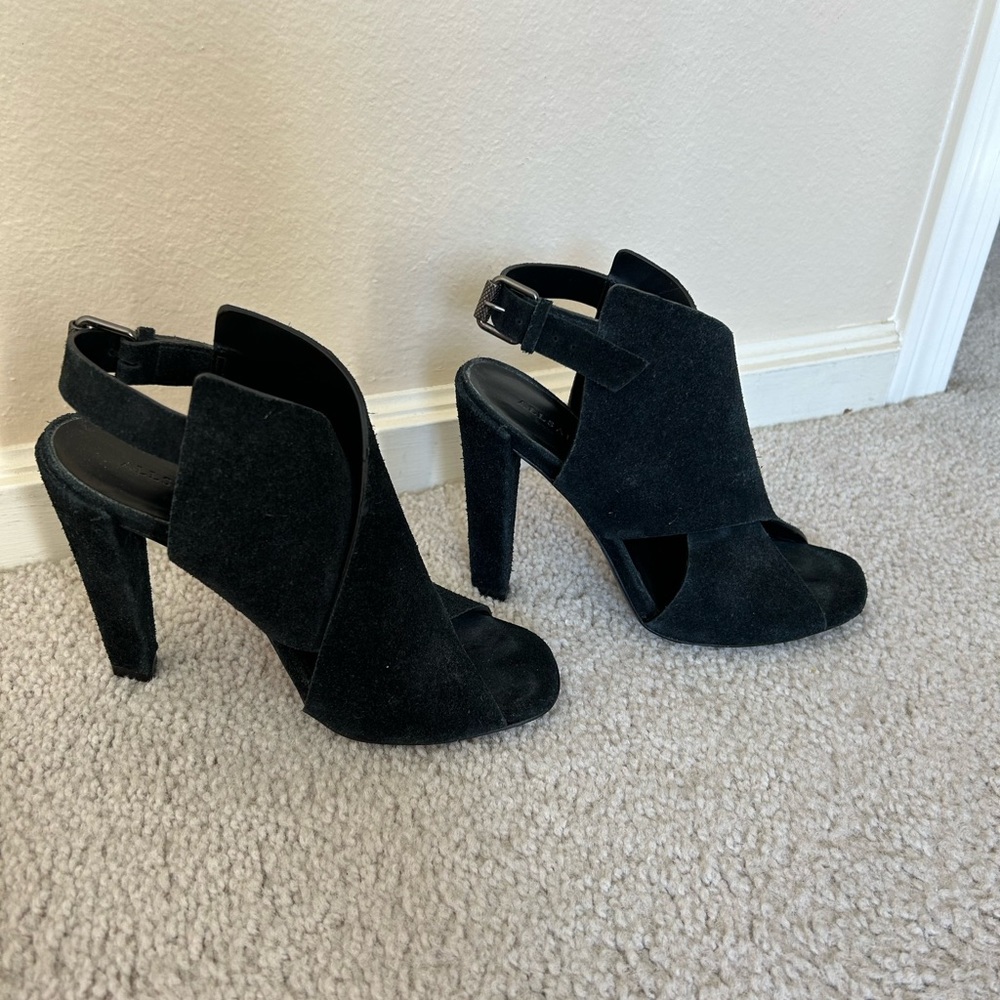 All Saints Black Suede CrissCross Peep Toe - Picture 3 of 5